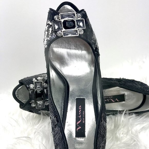 NINA Black/Silver Sequins Pumps w/Gems, Sz 8.5 - Picture 7 of 7